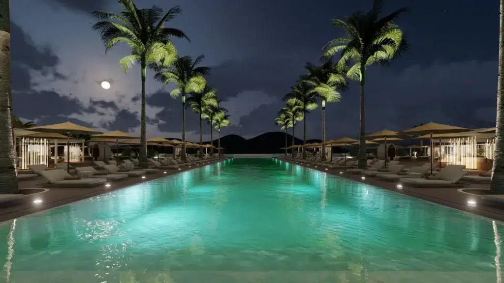 Aqua Resort pool at night in Sint Maarten